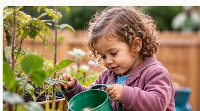 Child exploring plants outdoors